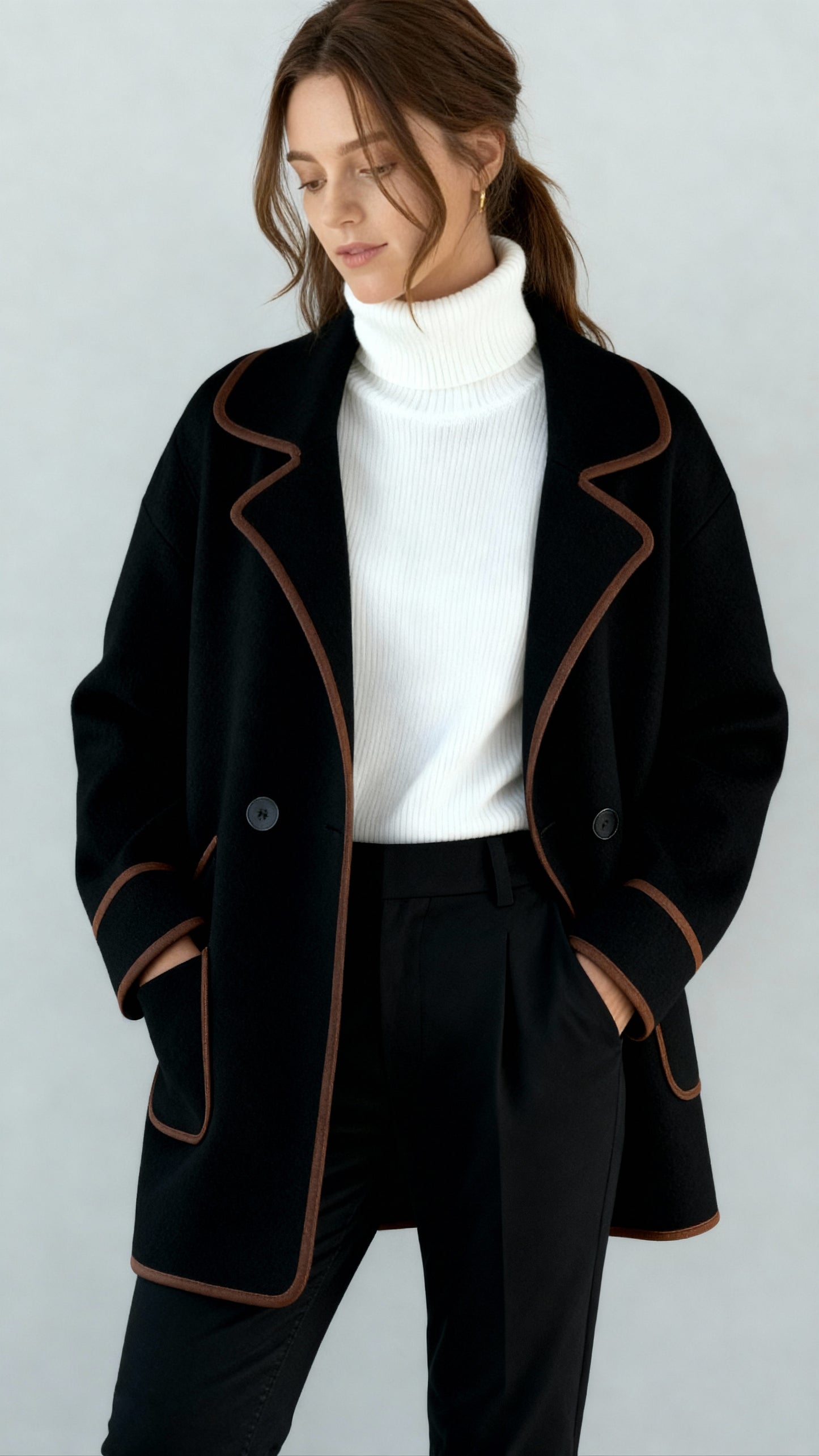 Women’s Tailored Wool Blend Coat – Double-Breasted Mid-Length Jacket with Notch Lapel