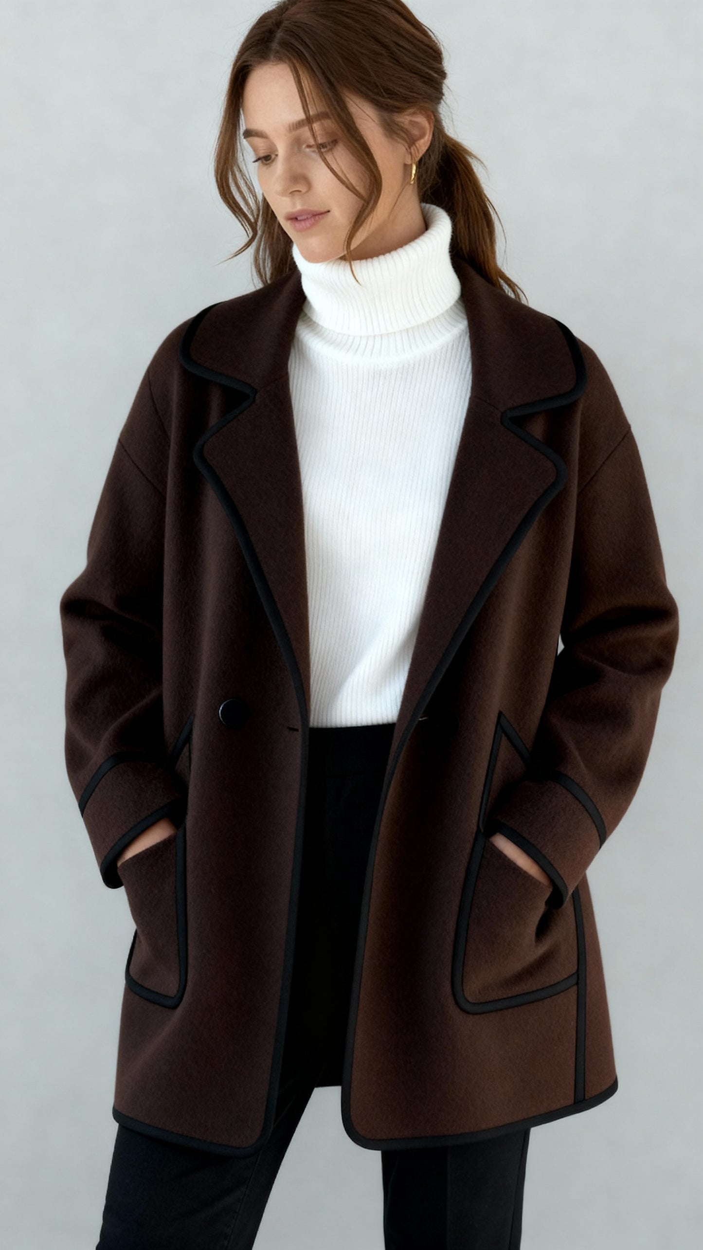 Women’s Tailored Wool Blend Coat – Double-Breasted Mid-Length Jacket with Notch Lapel