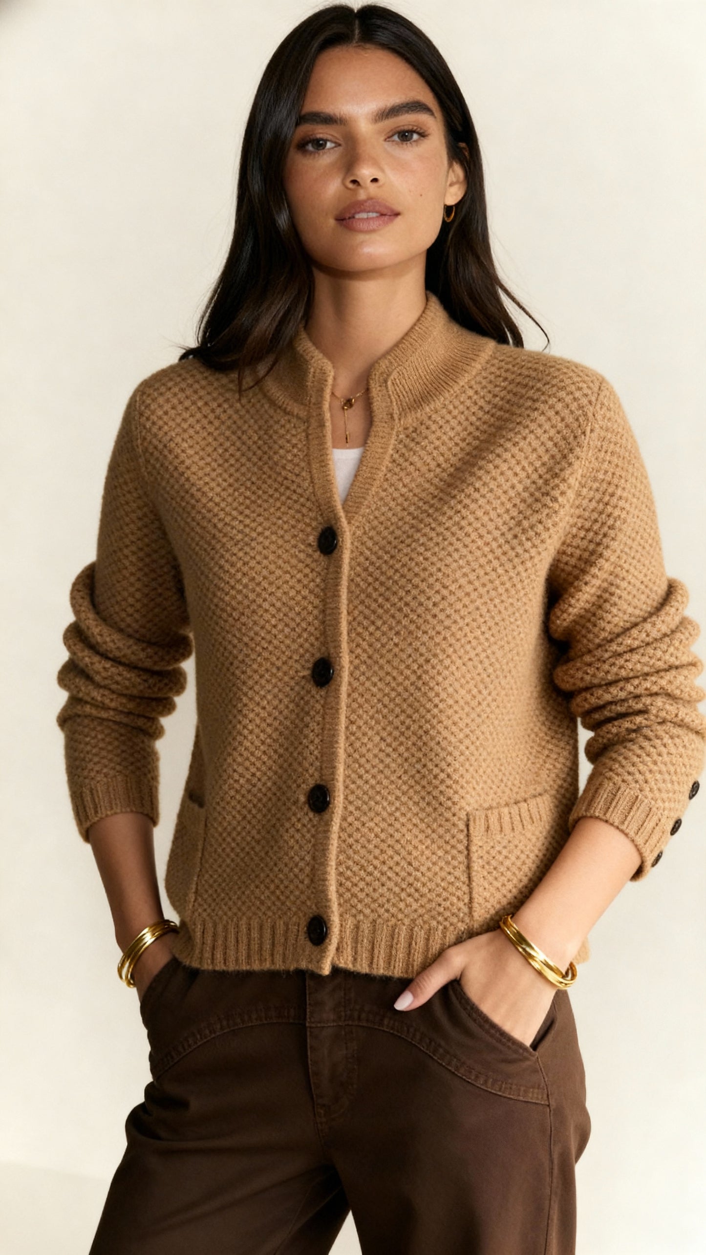 Women's Wool Blend Knitted Cardigan – V-Neck Button Front with Pockets | Long Sleeve Cozy Sweater