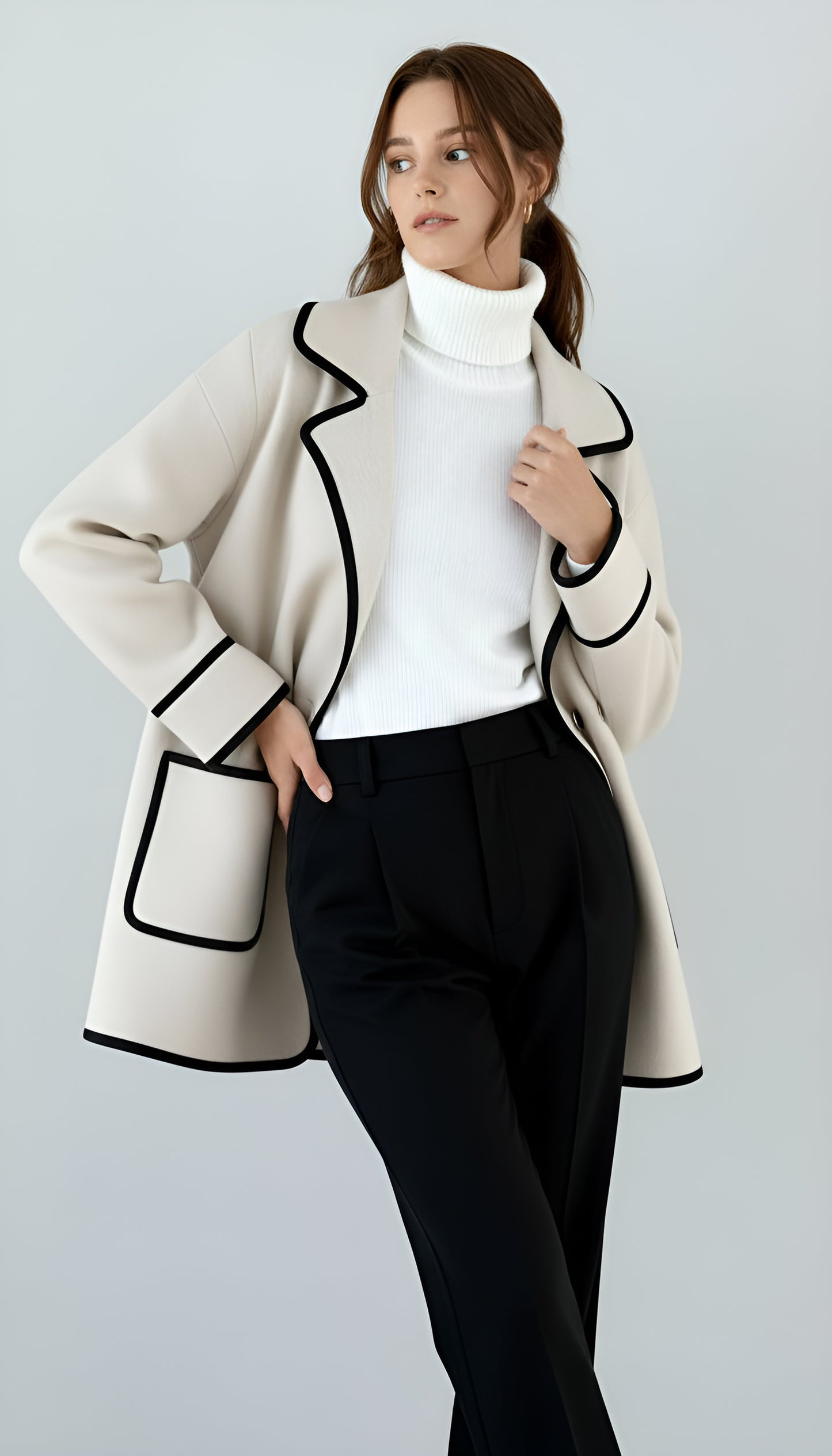 Women’s Tailored Wool Blend Coat – Double-Breasted Mid-Length Jacket with Notch Lapel