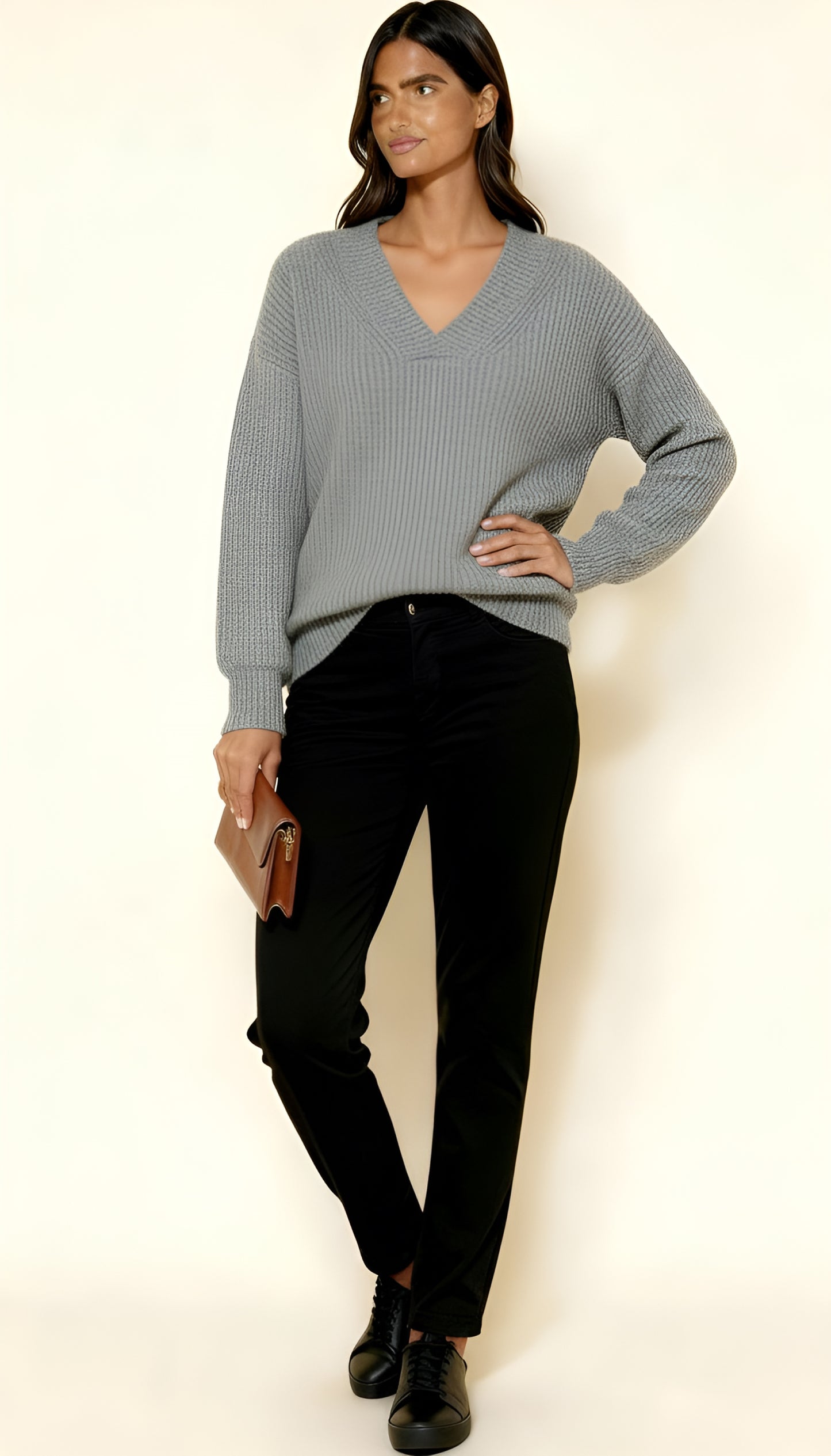 Women’s V-Neck Jumper – Ribbed Knit Long Sleeve Sweater | Soft Relaxed Fit Knitwear
