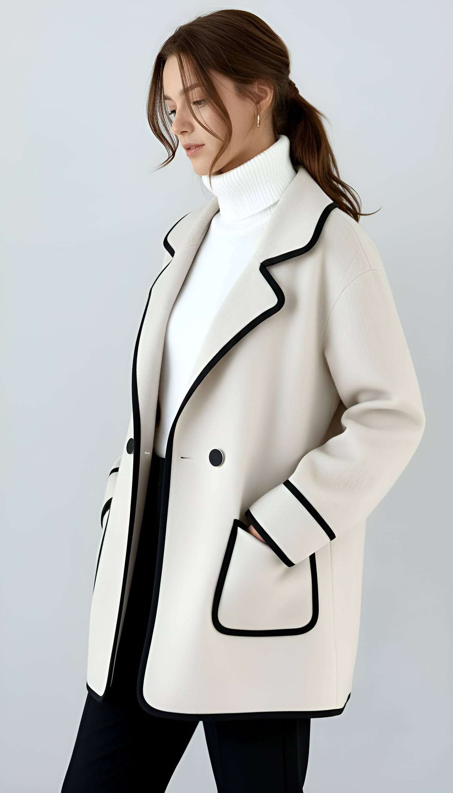 Women’s Tailored Wool Blend Coat – Double-Breasted Mid-Length Jacket with Notch Lapel