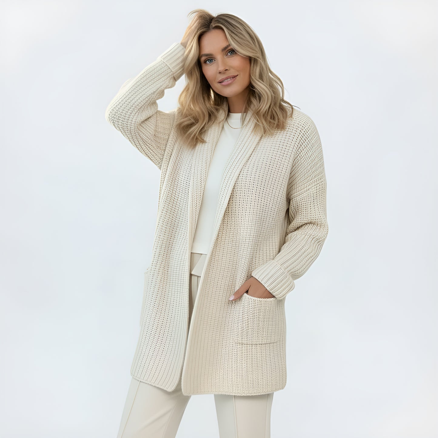 Women’s Chunky Knitted Cardigan – Open Front Shawl Collar Sweater with Pockets