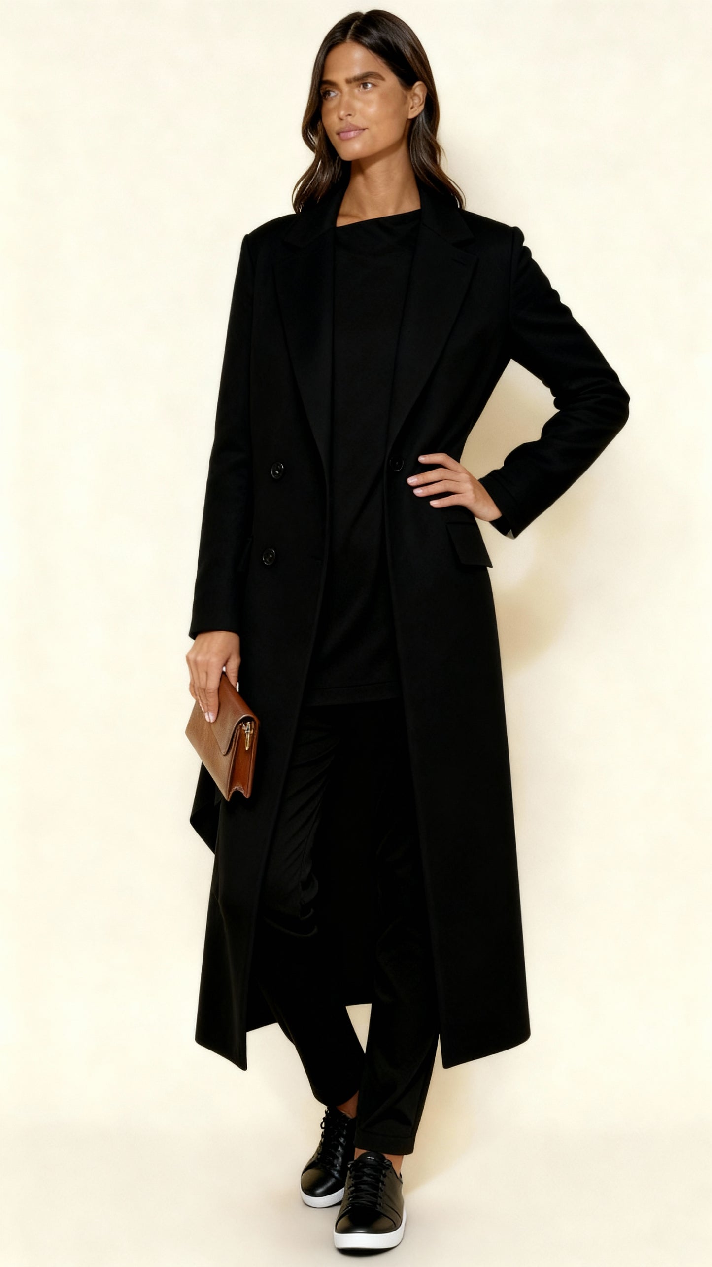 Women’s Black Maxi Coat – Longline Tailored Overcoat with Notch Lapel & Button Closure | Elegant Winter Outerwear