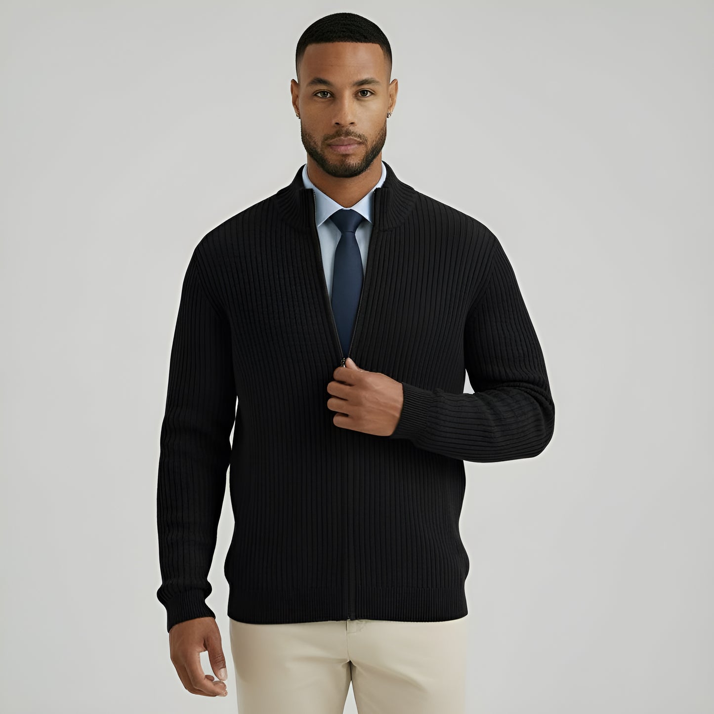 Men’s Ribbed Knit Zip Sweater – High Neck Wool Blend Pullover - Classic Fit