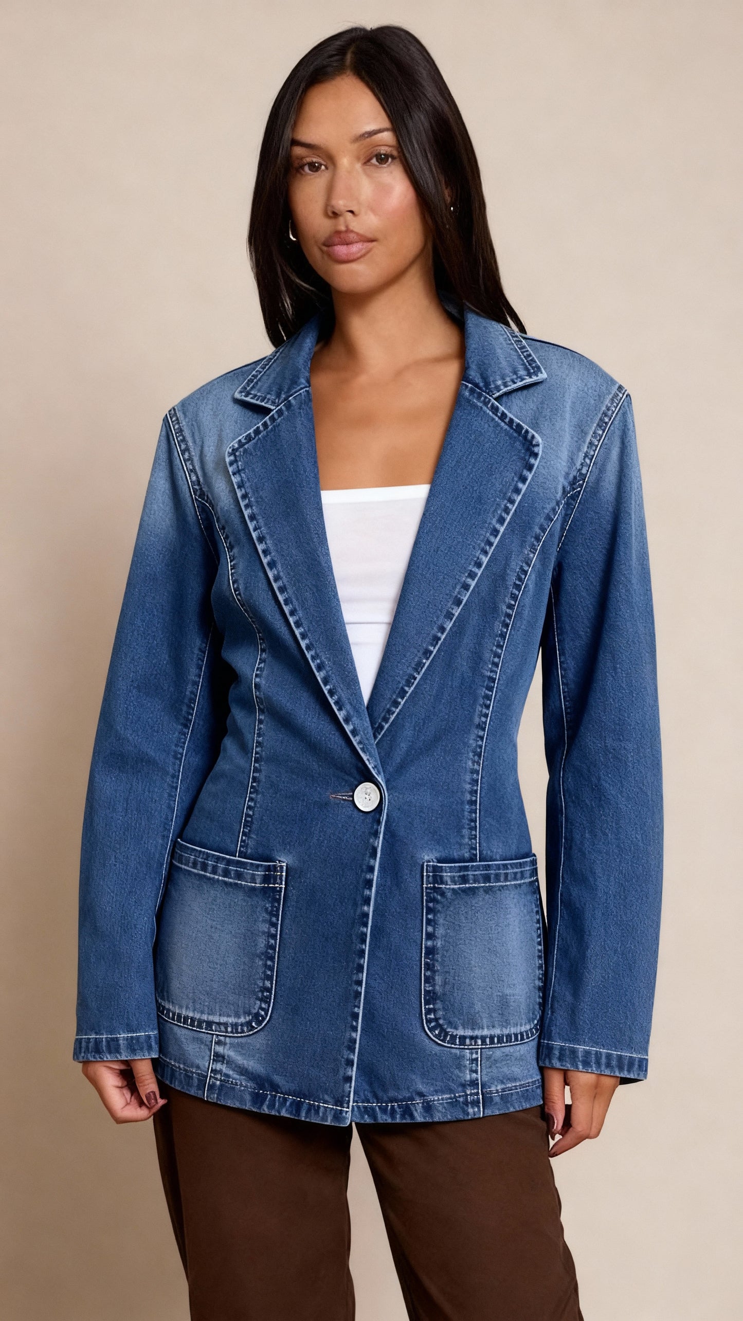 Women’s Denim Blazer – Tailored Jean Jacket with Button Closure and Classic Fit