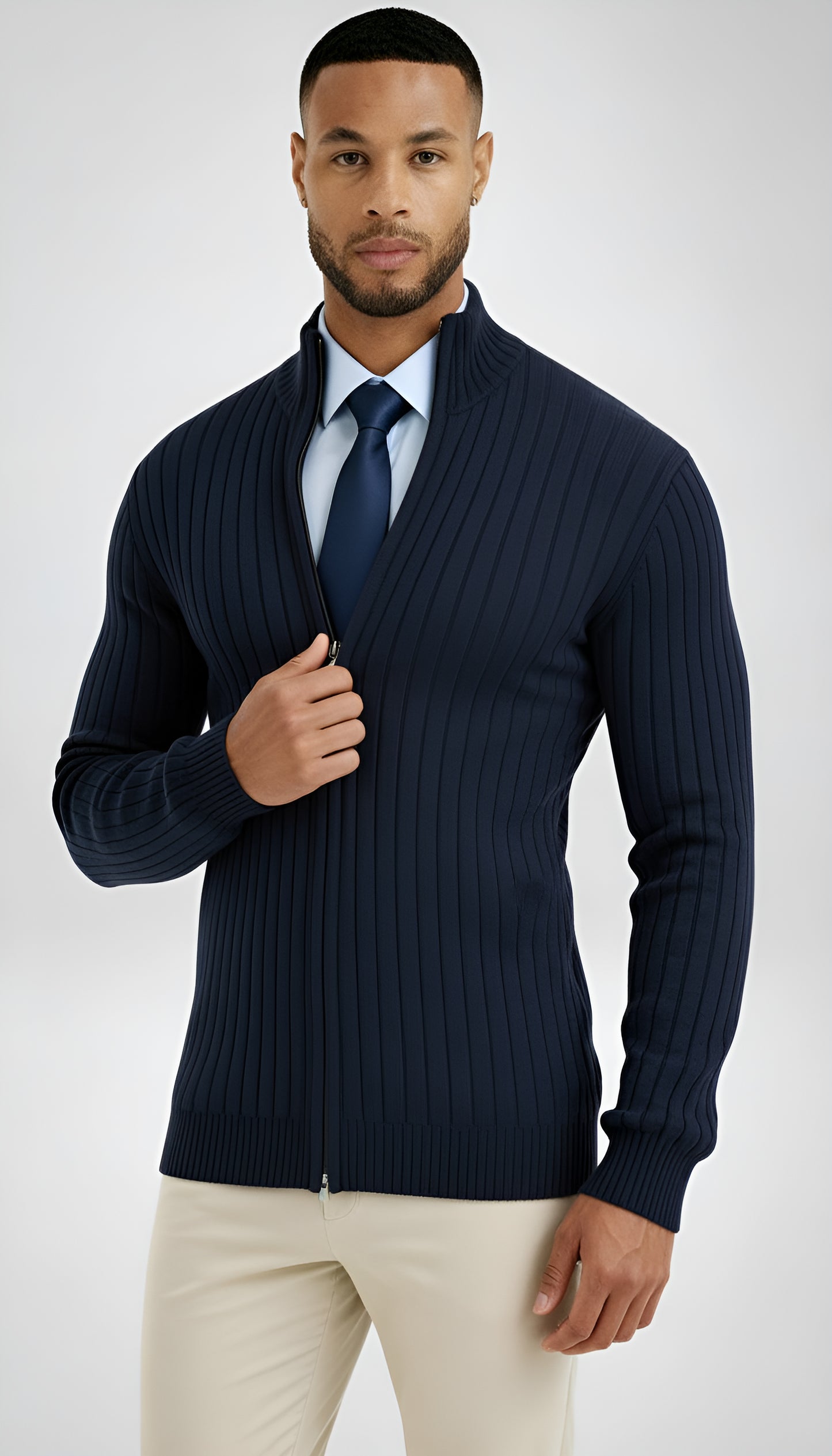 Men’s Ribbed Knit Zip Sweater – High Neck Wool Blend Pullover - Classic Fit