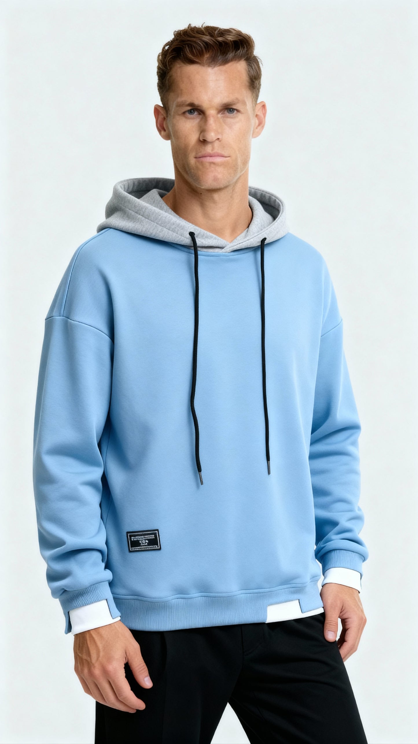 Men’s Contrast Hooded Jumper – Oversized Fit Long Sleeve Pullover for Modern Casual Style