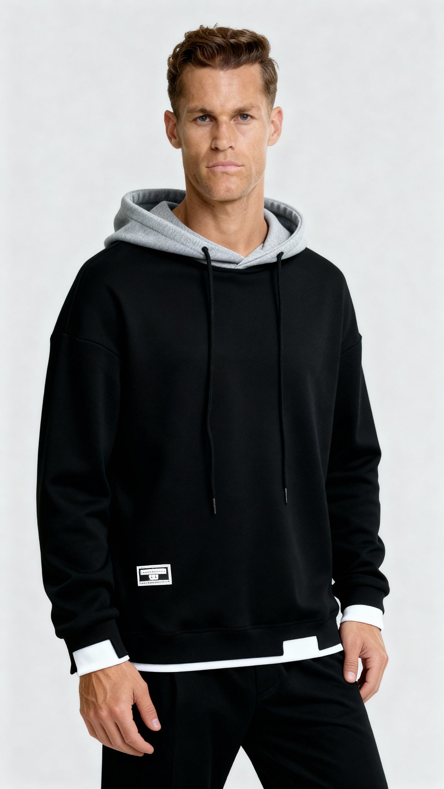 Men’s Contrast Hooded Jumper – Oversized Fit Long Sleeve Pullover for Modern Casual Style