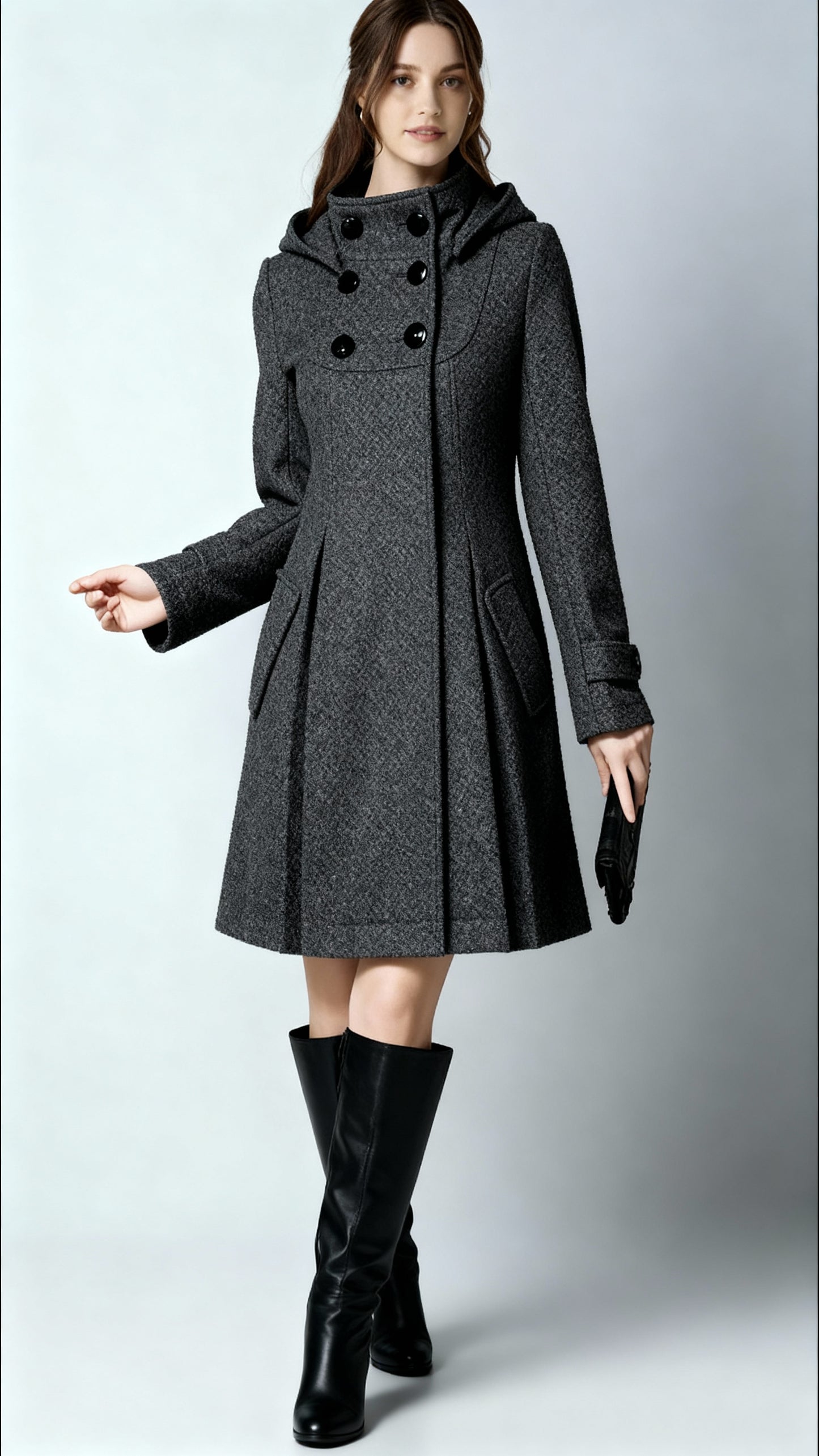 Women’s Hooded A-Line Winter Coat – Double-Breasted Trench Design with Flared Silhouette | Elegant Outerwear