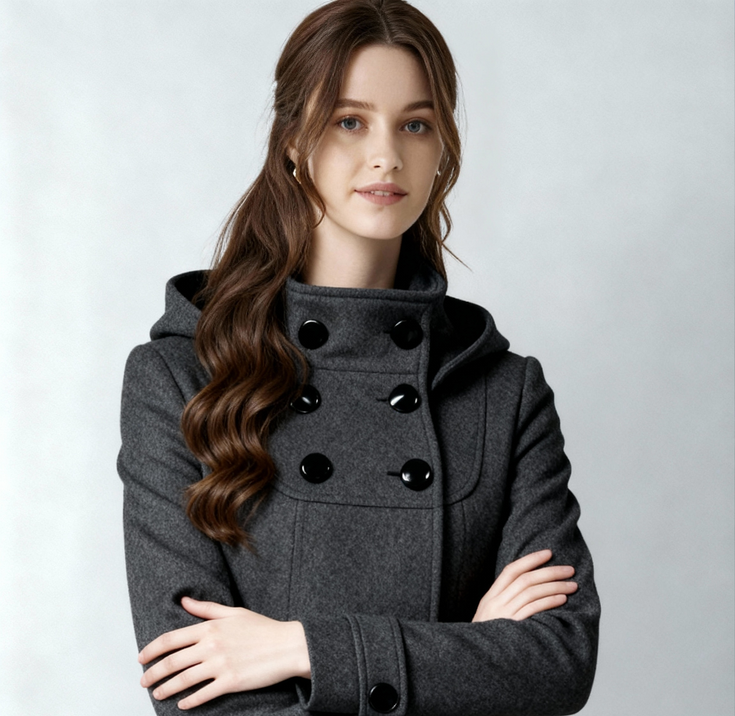 Women’s Hooded A-Line Winter Coat – Double-Breasted Trench Design with Flared Silhouette | Elegant Outerwear
