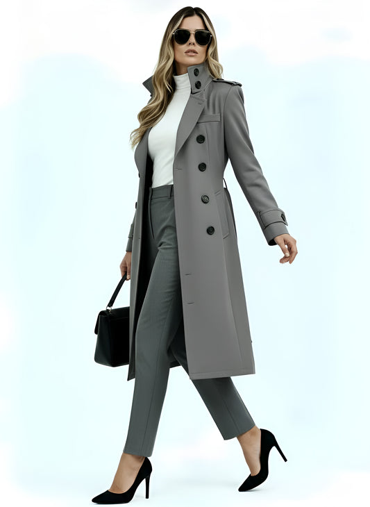 Women’s Long Coat with High Collar & Tie-Belt – Elegant Trench Style Outerwear