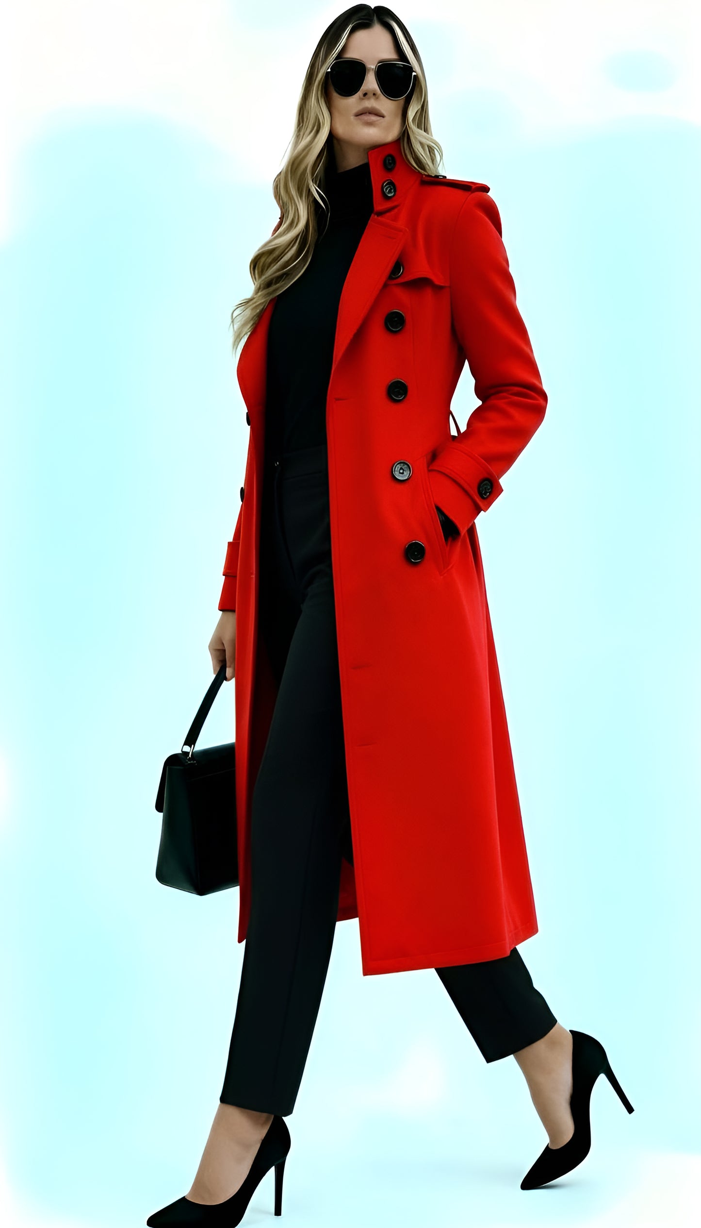 Women’s Long Coat with High Collar & Tie-Belt – Elegant Trench Style Outerwear