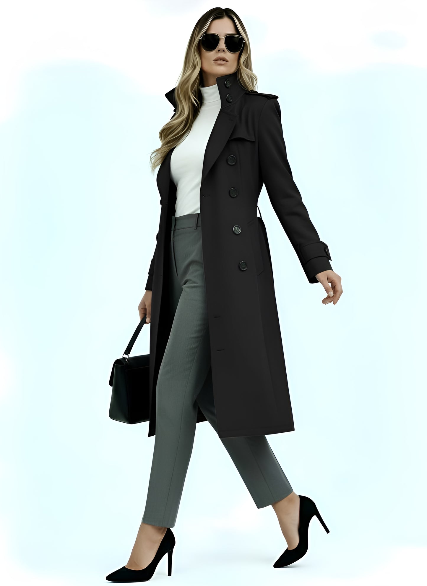 Women’s Long Coat with High Collar & Tie-Belt – Elegant Trench Style Outerwear