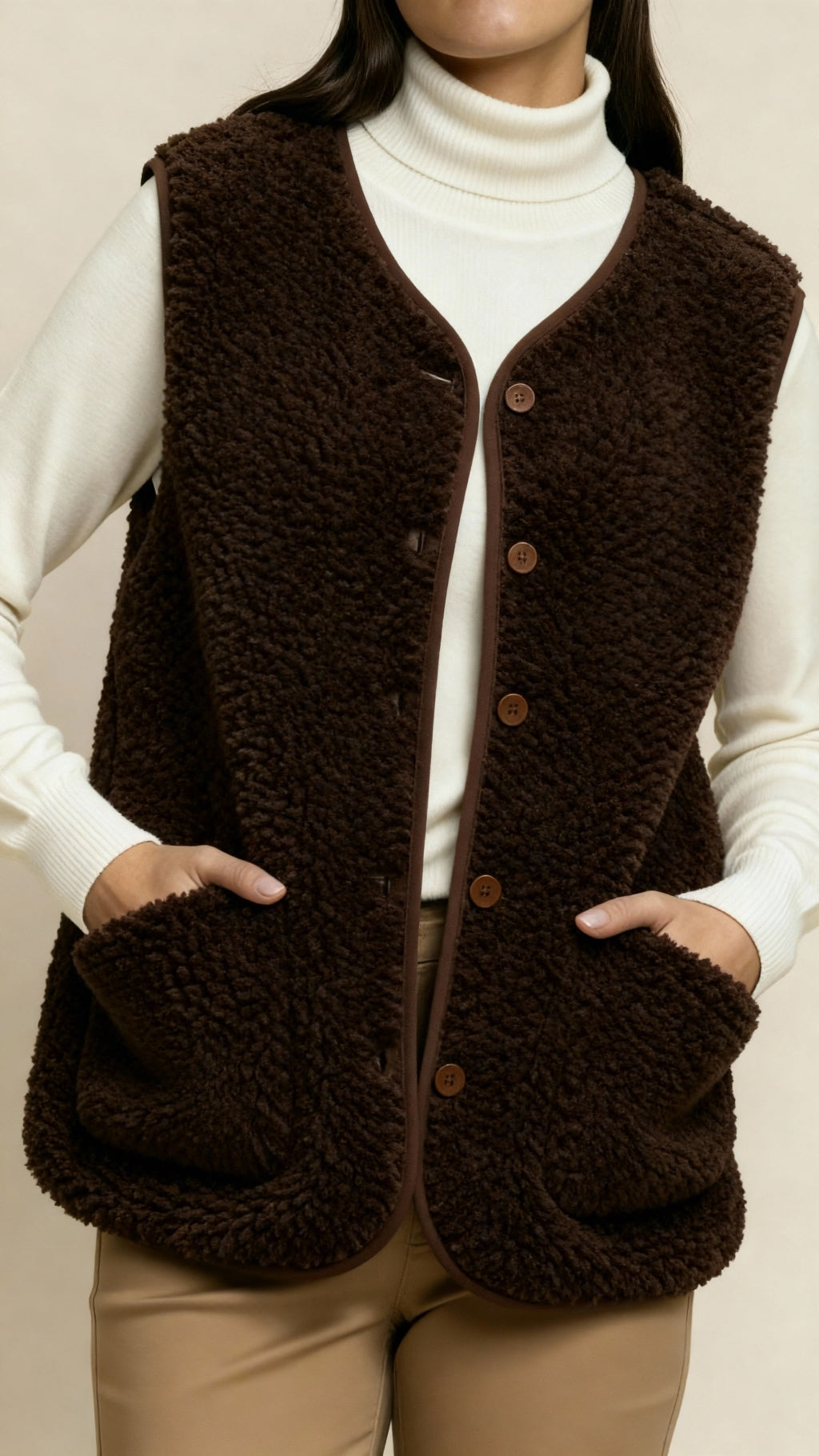 Women’s Shearling Style Gilet – Soft Textured Sleeveless Vest with Button Closure and Pockets