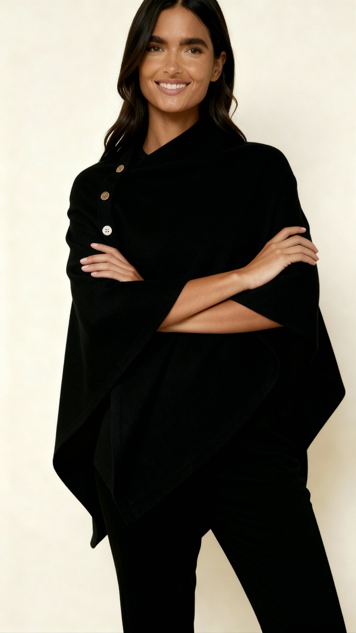 Women’s Asymmetric Button Detail Poncho – Elegant Draped Fit & Stylish Layering Essential