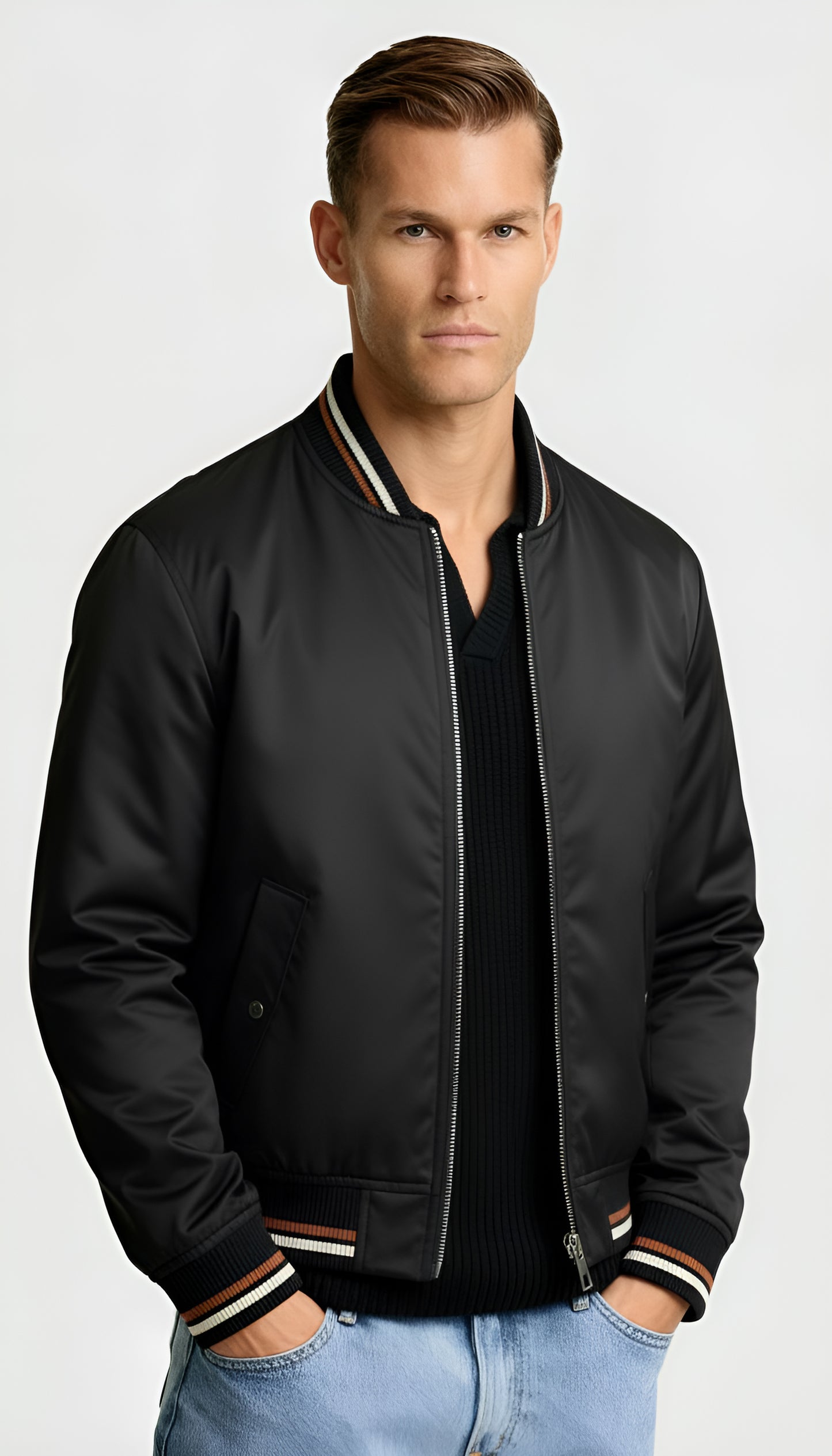 Men’s Lightweight Zip-Up Bomber Jacket – Classic Ribbed Trim Casual Coat
