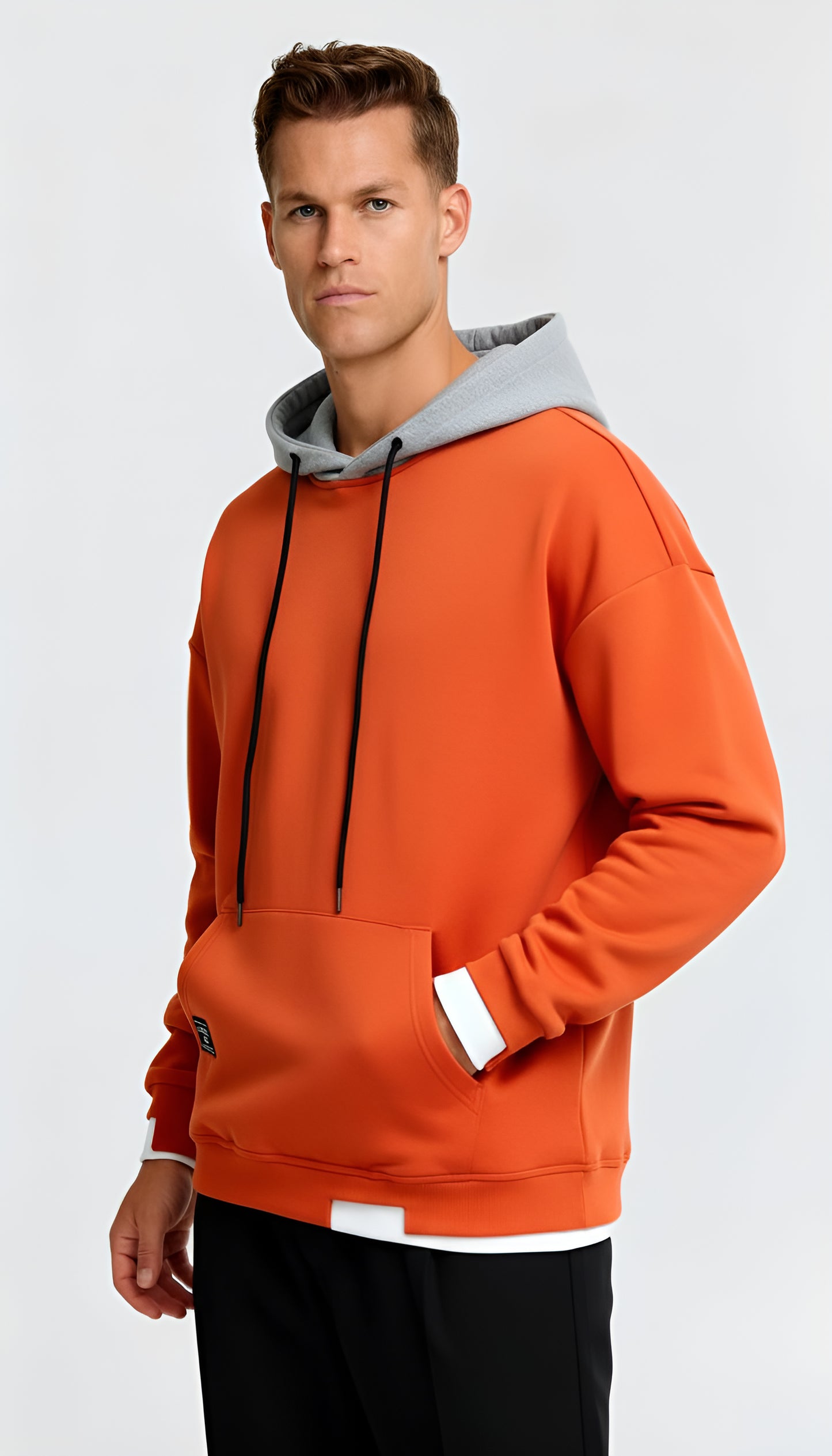 Men’s Contrast Hooded Jumper – Oversized Fit Long Sleeve Pullover for Modern Casual Style
