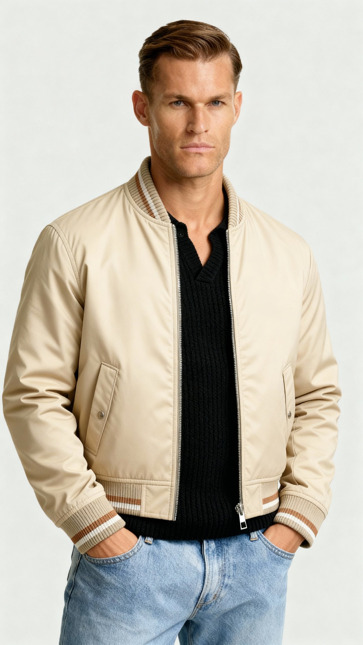 Men’s Lightweight Zip-Up Bomber Jacket – Classic Ribbed Trim Casual Coat