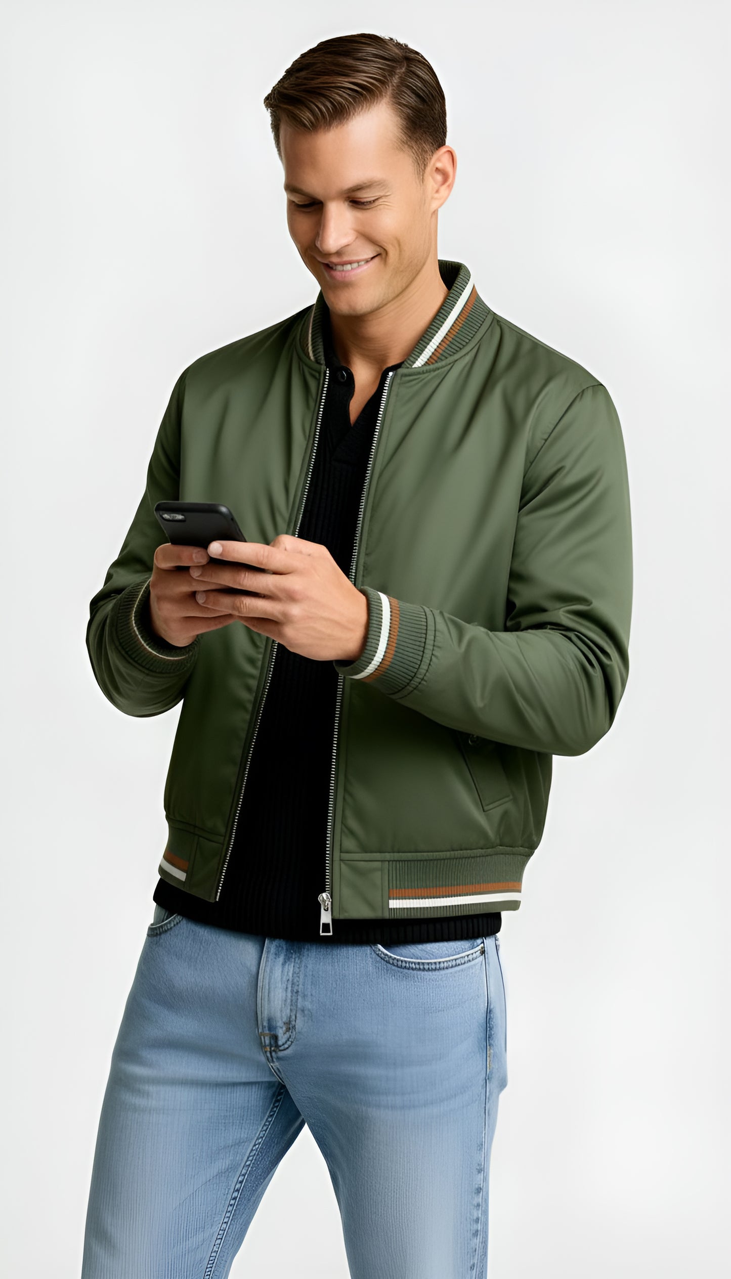 Men’s Lightweight Zip-Up Bomber Jacket – Classic Ribbed Trim Casual Coat