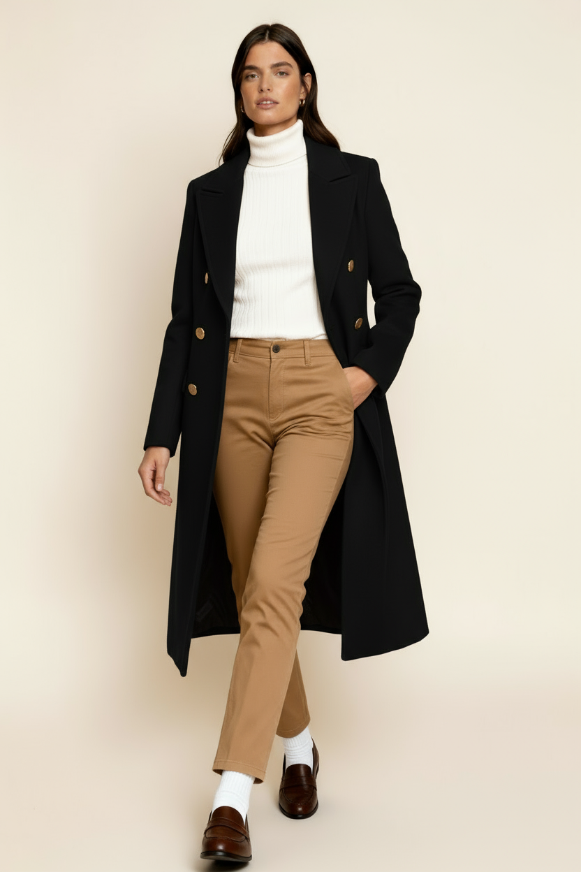 Women’s Wool Blend Coat – Double-Breasted Tailored Long Coat with Classic Lapel