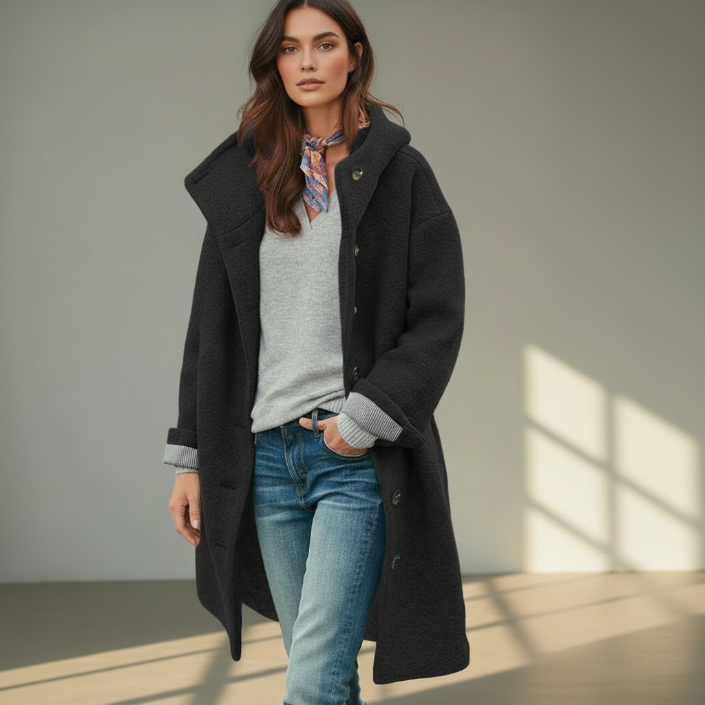Women’s Wool Blend Coat with Hood - Long Winter Coat, Classic Turn-Down Collar