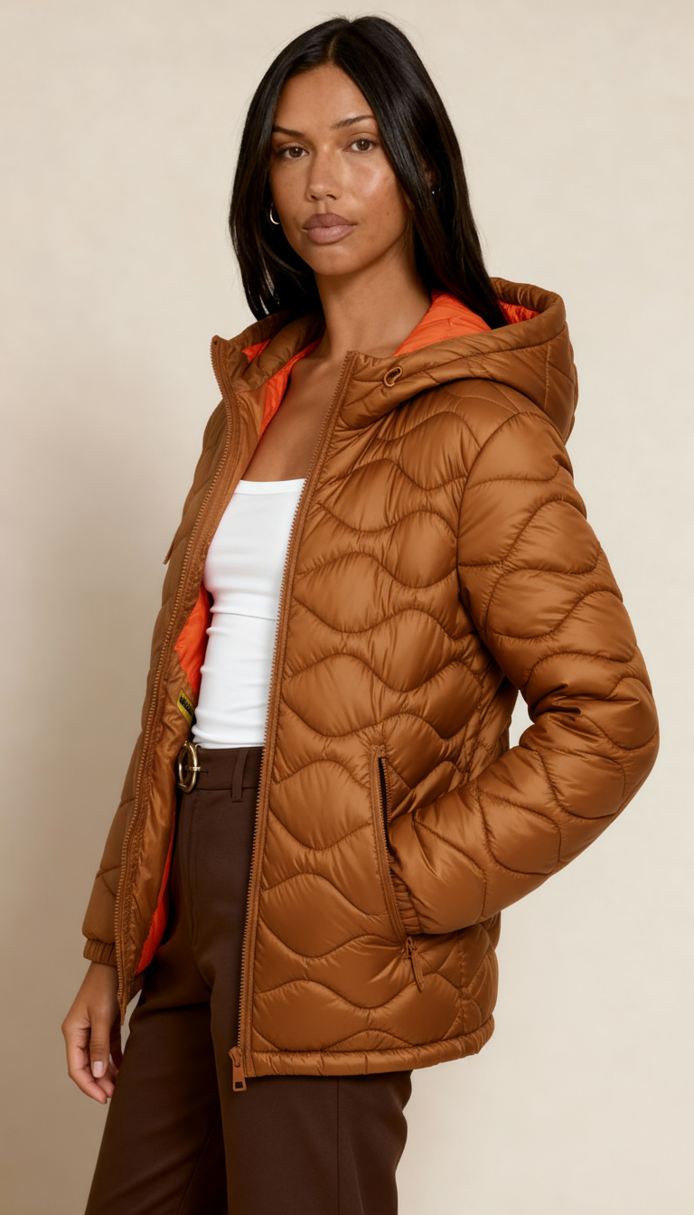 Women’s Puffer Jacket – Windproof Padded Winter Coat with Drawstring Hood & Dual Zipper Button Closure