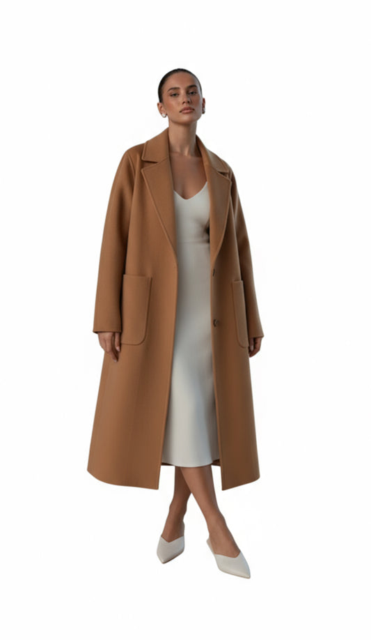 Women's Winter Longline Coat - Notch Lapel and Single Button Closure