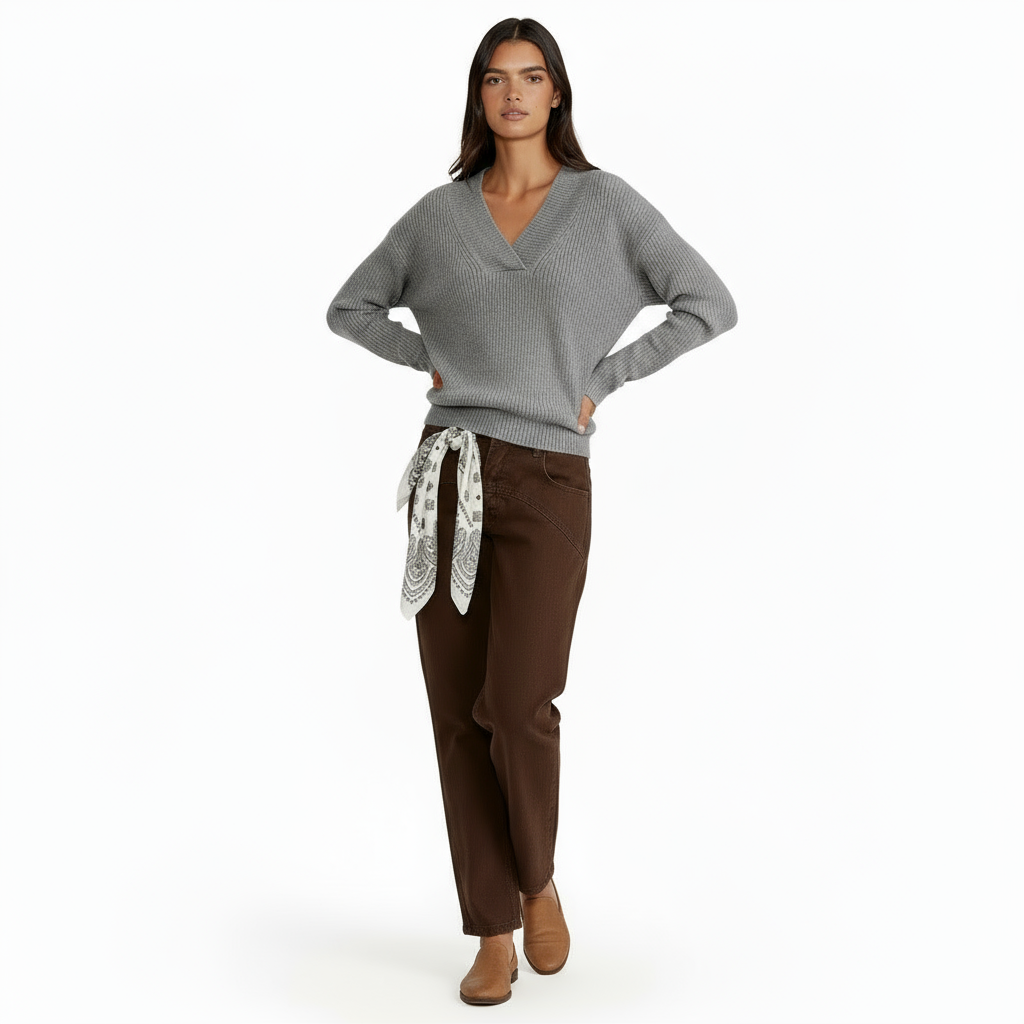 Women’s V-Neck Jumper – Ribbed Knit Long Sleeve Sweater for Cozy Everyday Elegance