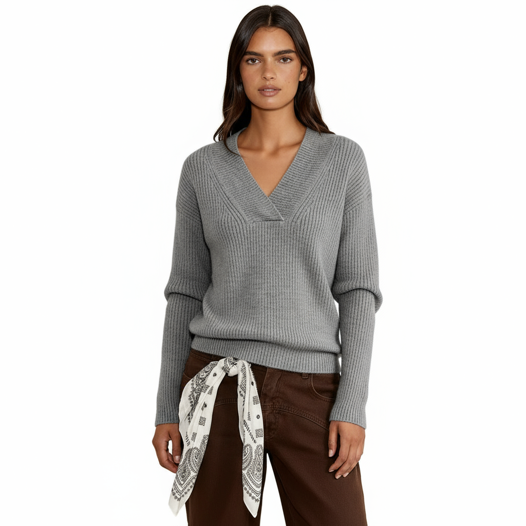 Women’s V-Neck Jumper – Ribbed Knit Long Sleeve Sweater for Cozy Everyday Elegance