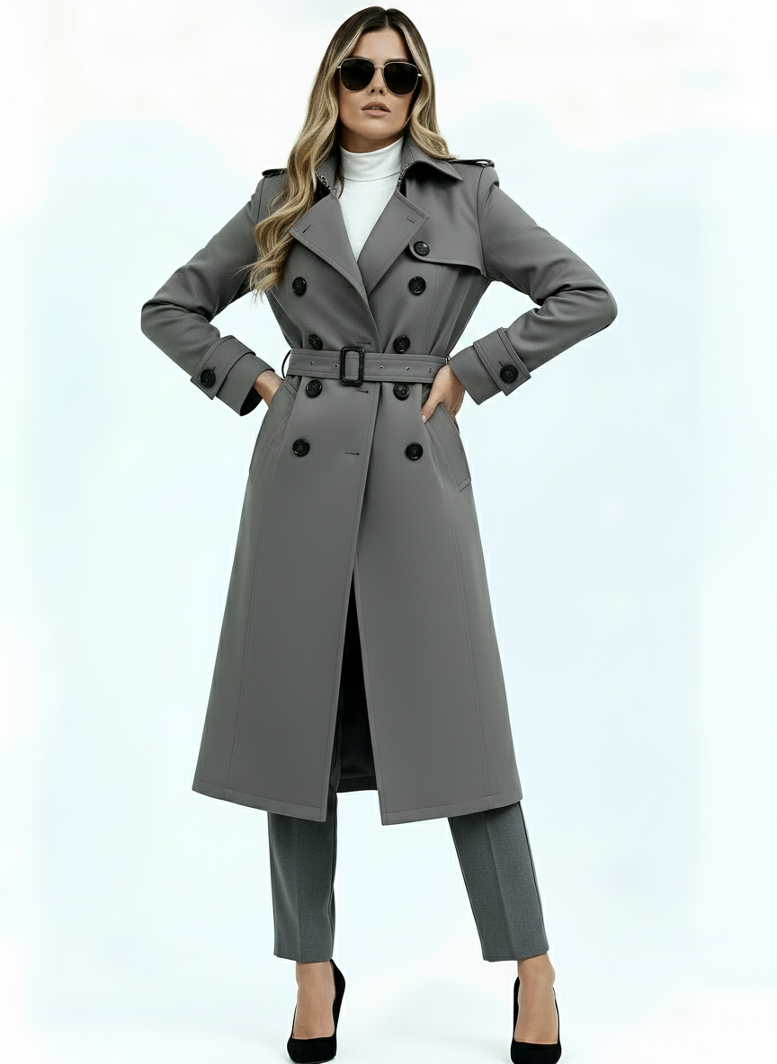 Women’s Long Coat with High Collar & Tie-Belt – Elegant Trench Style Outerwear