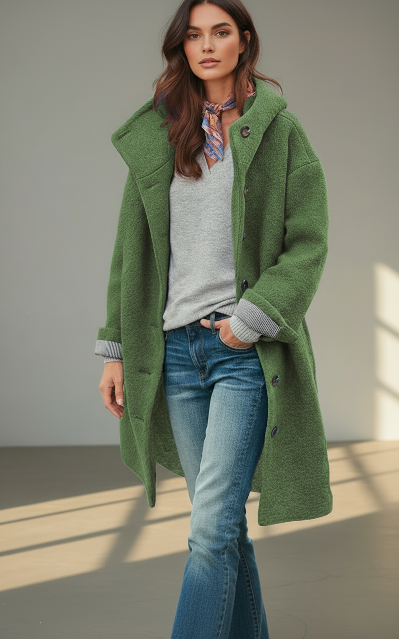 Women’s Wool Blend Coat with Hood - Long Winter Coat, Classic Turn-Down Collar