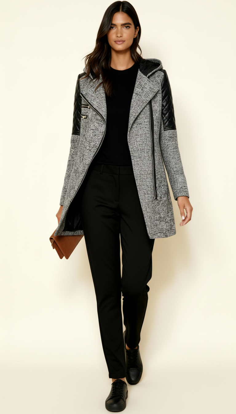 Women’s Asymmetric Zip Coat with Quilted Panels & Hood – Modern Fitted Winter Outerwear