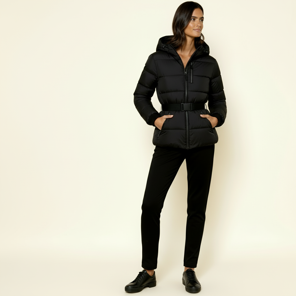 Women’s Puffer Quilted Jacket with Adjustable Belt & Hood – Warm Winter Coat