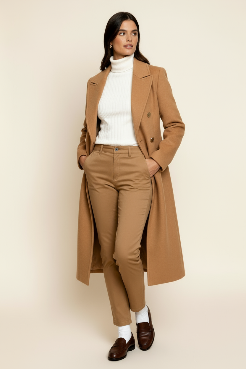 Women’s Wool Blend Coat – Double-Breasted Tailored Long Coat with Classic Lapel