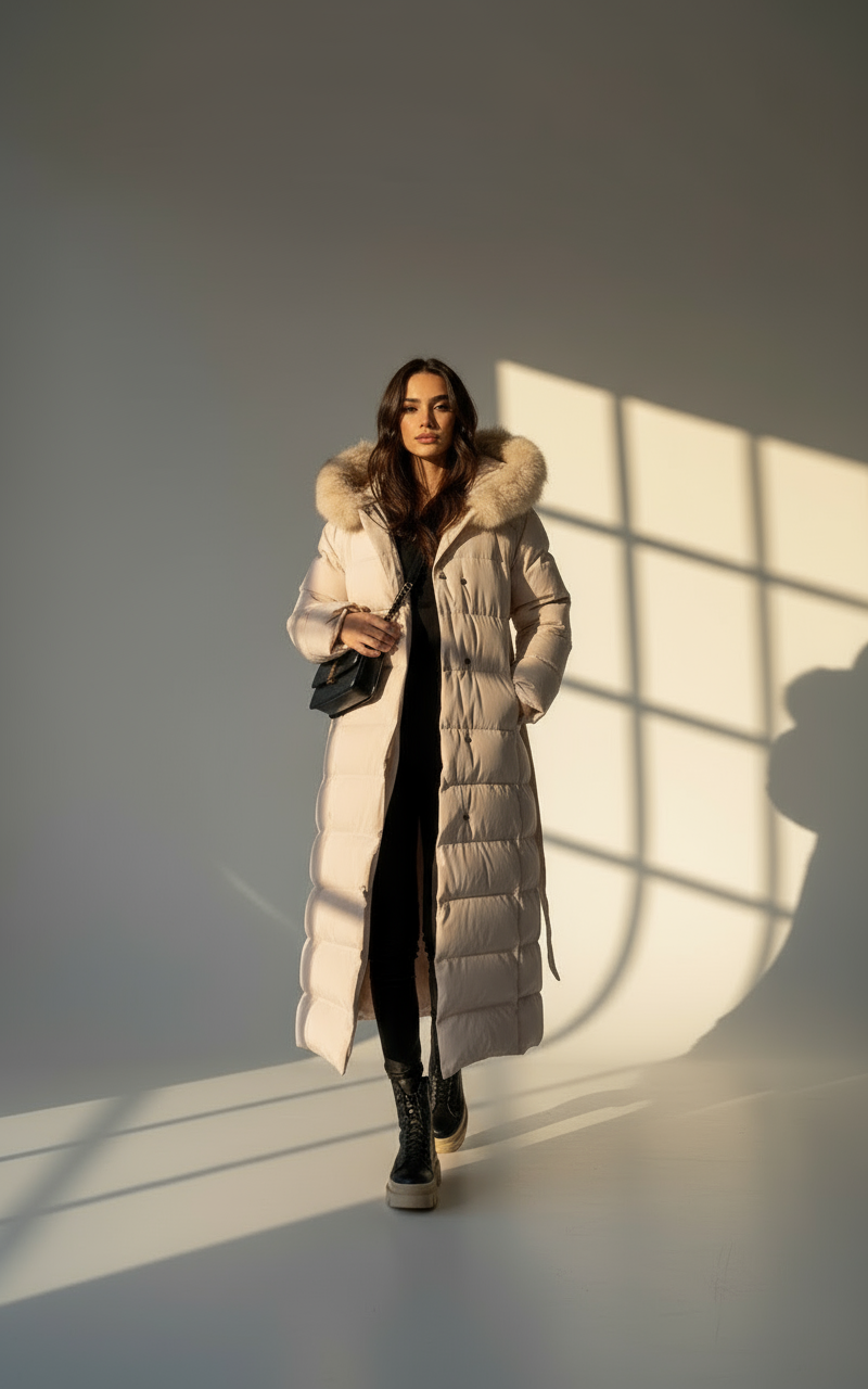 Women’s Beige Parka Jacket | Warm Winter Coat with Faux Fur Hood & Belt