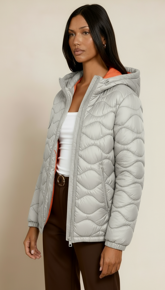 Women’s Puffer Jacket – Windproof Padded Winter Coat with Drawstring Hood & Dual Zipper Button Closure