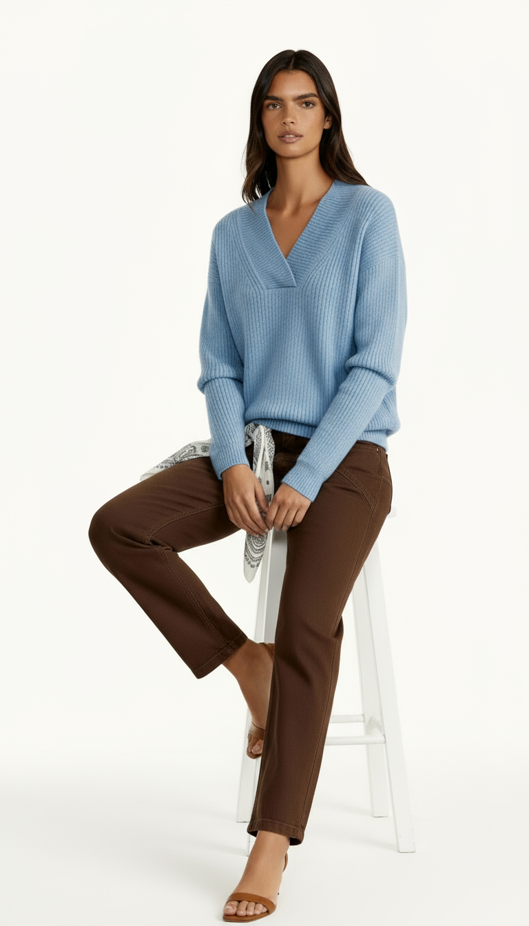 Women’s V-Neck Jumper – Ribbed Knit Long Sleeve Sweater for Cozy Everyday Elegance