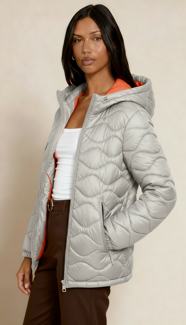 Women’s Puffer Jacket – Windproof Padded Winter Coat with Drawstring Hood & Dual Zipper Button Closure