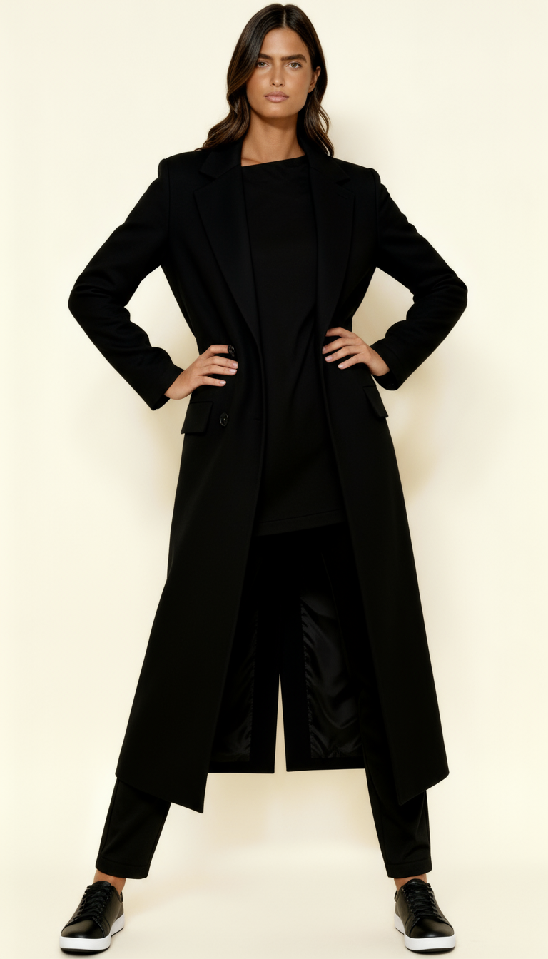 Women’s Black Maxi Coat – Longline Tailored Overcoat with Notch Lapel & Button Closure | Elegant Winter Outerwear