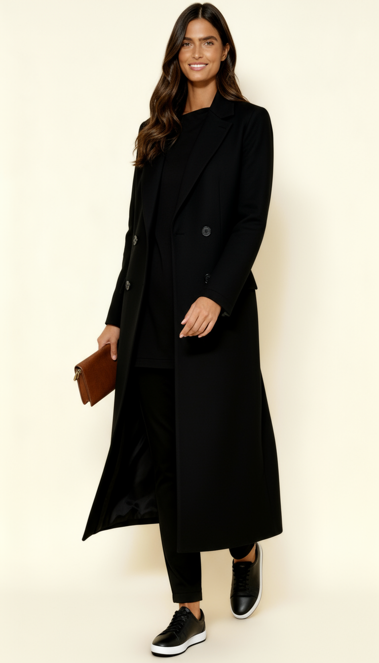 Women’s Black Maxi Coat – Longline Tailored Overcoat with Notch Lapel & Button Closure | Elegant Winter Outerwear