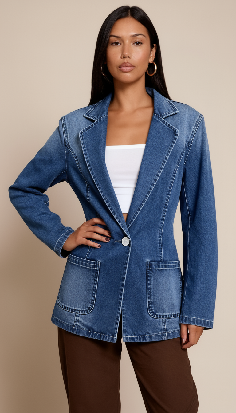 Women’s Denim Blazer – Tailored Jean Jacket with Button Closure and Classic Fit