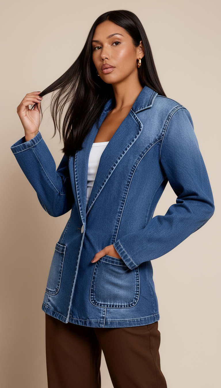 Women’s Denim Blazer – Tailored Jean Jacket with Button Closure and Classic Fit