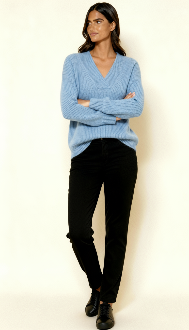 Women’s V-Neck Jumper – Ribbed Knit Long Sleeve Sweater | Soft Relaxed Fit Knitwear