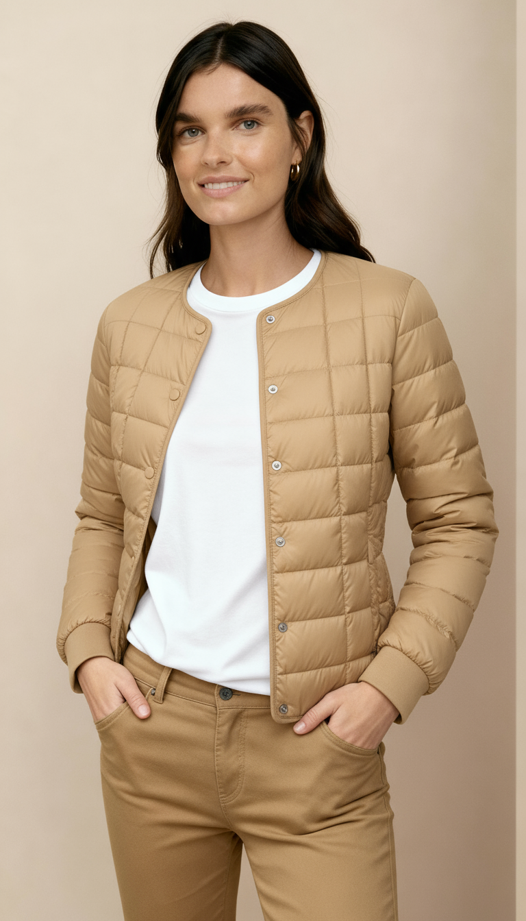 Women’s Lightweight Puffer Jacket – Collarless Water-Resistant Winter Coat with Button Front | Minimalist Warm Outerwear