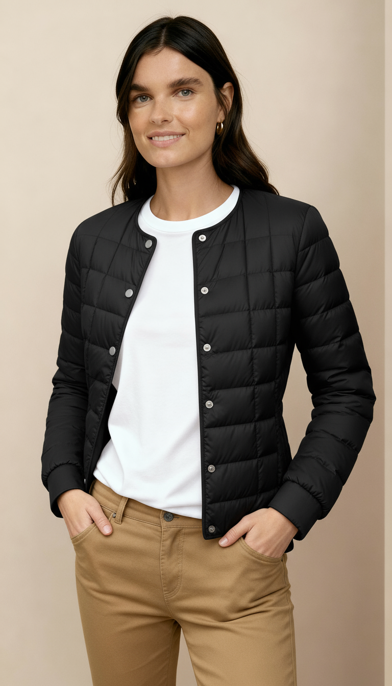 Women’s Lightweight Puffer Jacket – Collarless Water-Resistant Winter Coat with Button Front | Minimalist Warm Outerwear