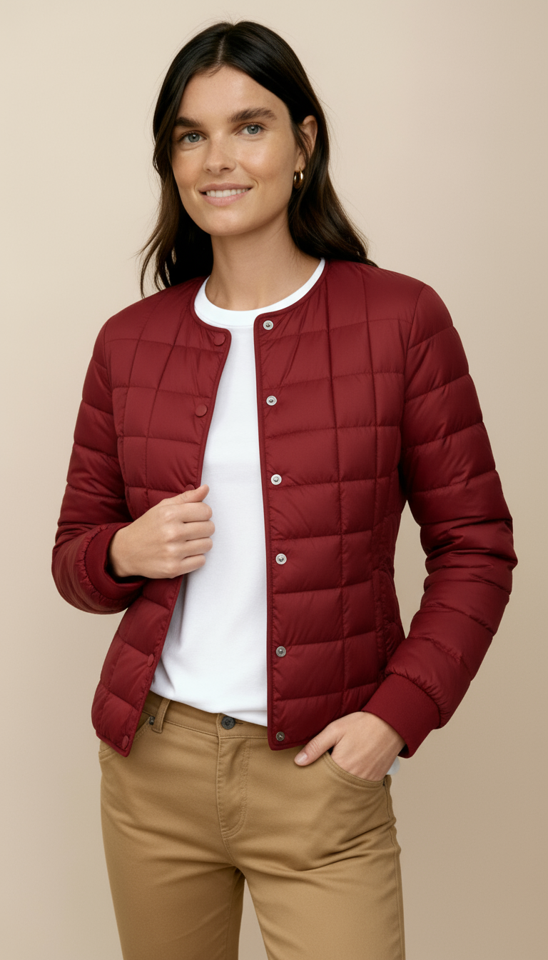 Women’s Lightweight Puffer Jacket – Collarless Water-Resistant Winter Coat with Button Front | Minimalist Warm Outerwear