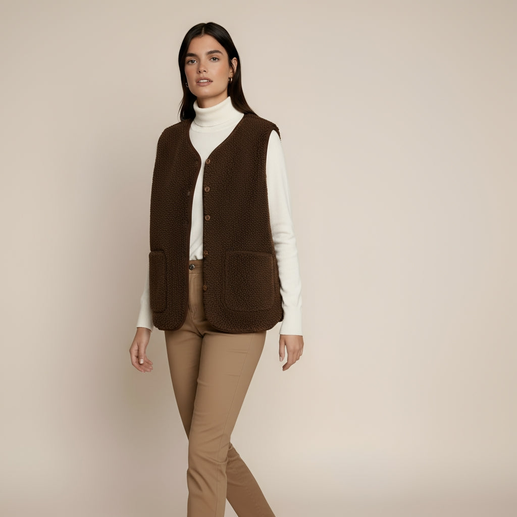 Women’s Shearling Style Gilet – Soft Textured Sleeveless Vest with Button Closure and Pockets