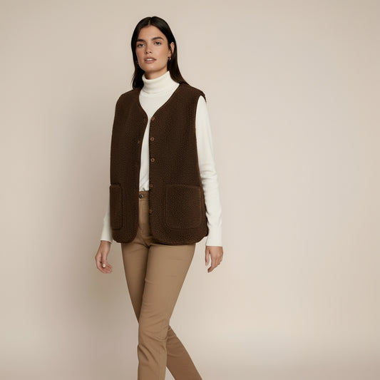 Women’s Shearling Style Gilet – Soft Textured Sleeveless Vest with Button Closure and Pockets