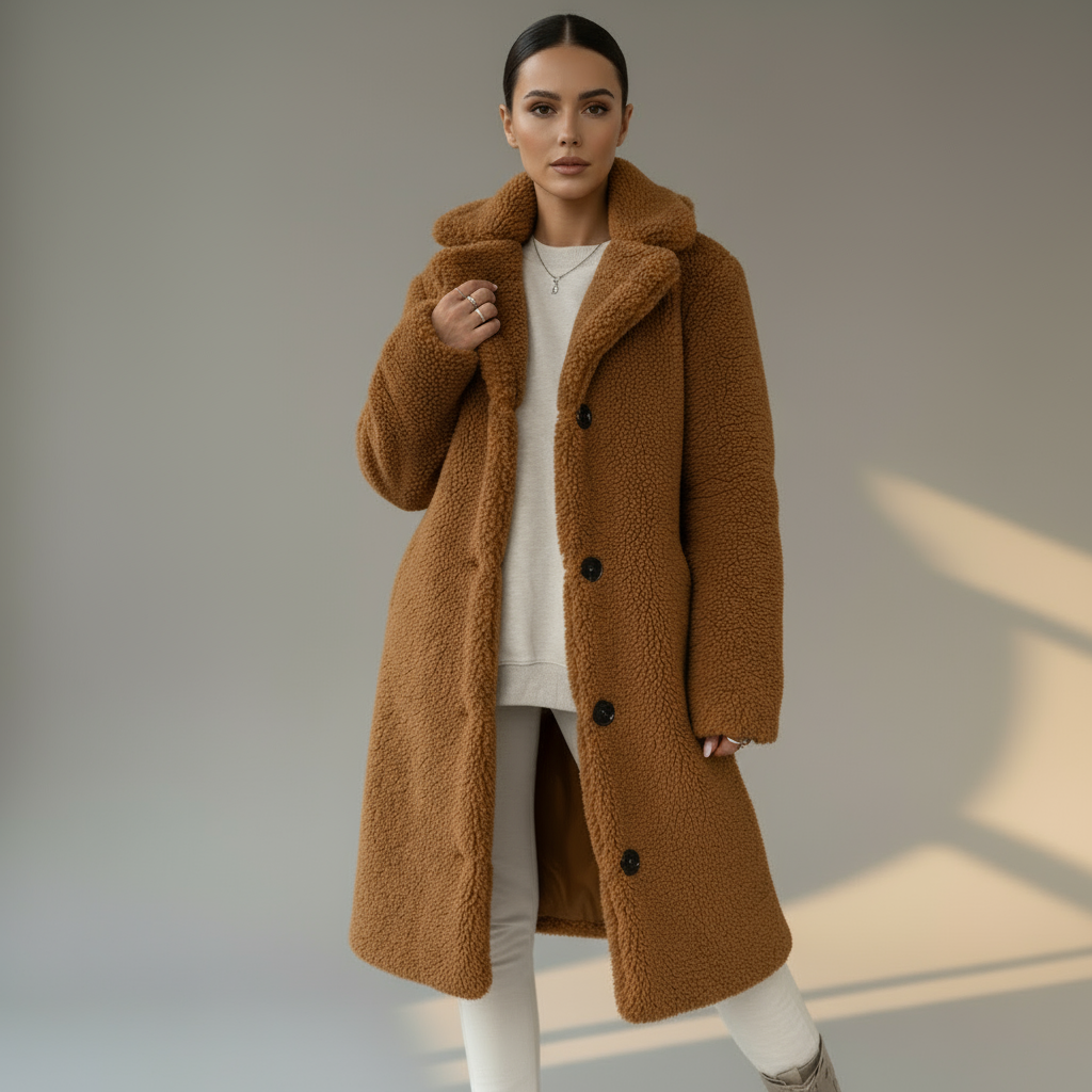 Women’s Long Teddy Coat with Buttons | Cozy Faux Fur Winter Overcoat
